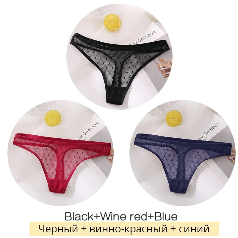 FINETOO Sexy Lace Thongs Women 3Pcs/set Transparent G-string Panties Dots Lace T-back Underwear Fashion Female Underpants M-XL