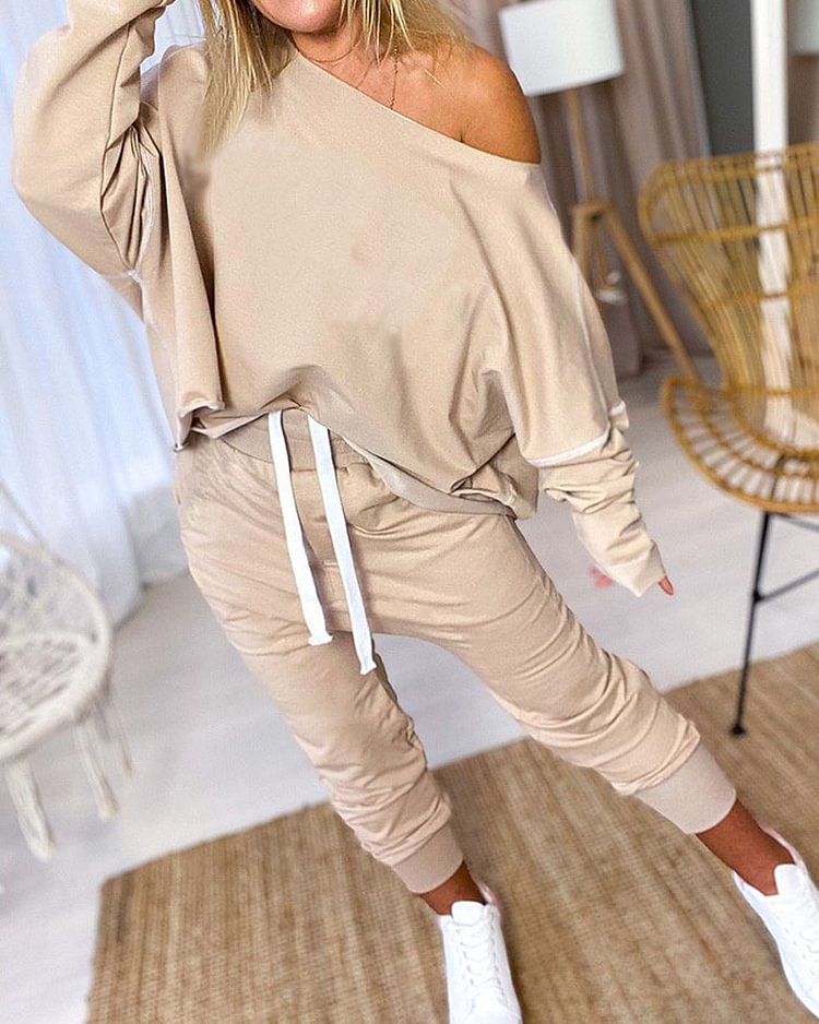 Round Neck Long Sleeve Solid Color Two Piece Suit