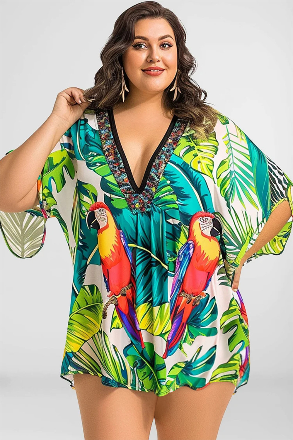 Flycurvy Plus Size Vacation Green Tropical Plant Print Batwing Sleeve Cover Up 2024 - Flycurvy 