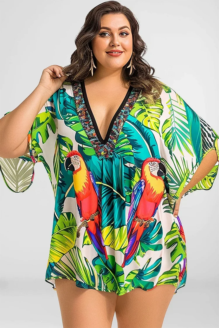 Flycurvy Plus Size Vacation Green Tropical Plant Print Batwing Sleeve Cover Up  Flycurvy [product_label]