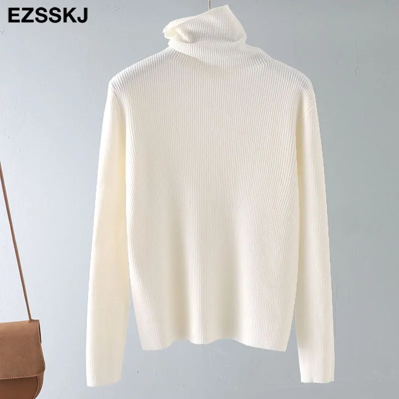 Pile collar Loose soft pure color turtleneck Sweater Pullovers for Women Casual Long Sleeve Sweater Jumpers Female top