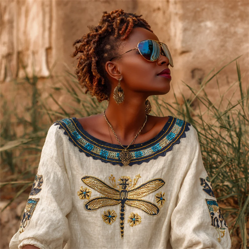 Vintage Dragonfly Art Women's Linen Round Neck Loose Top