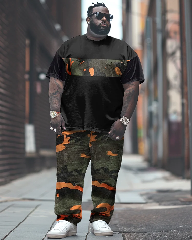 Men's Large Classic Camouflage Print T-Shirt Pants Suit