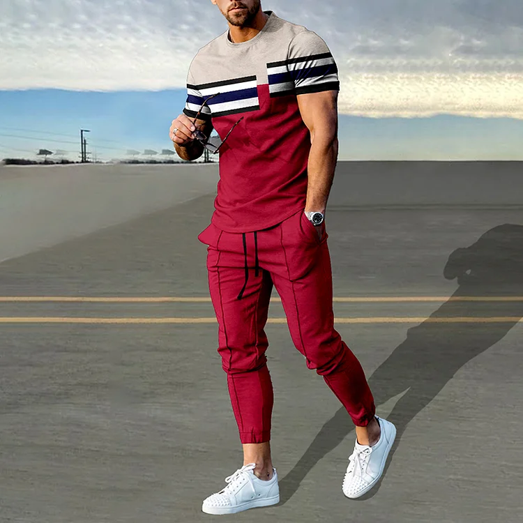 VChics Men's Trendy Color Contrast Stripes Print T-Shirt And Pants Co-Ord