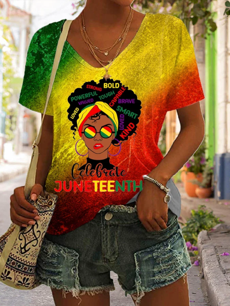 Women's Black Juneteenth Short Sleeve Casual T-Shirt wearshes