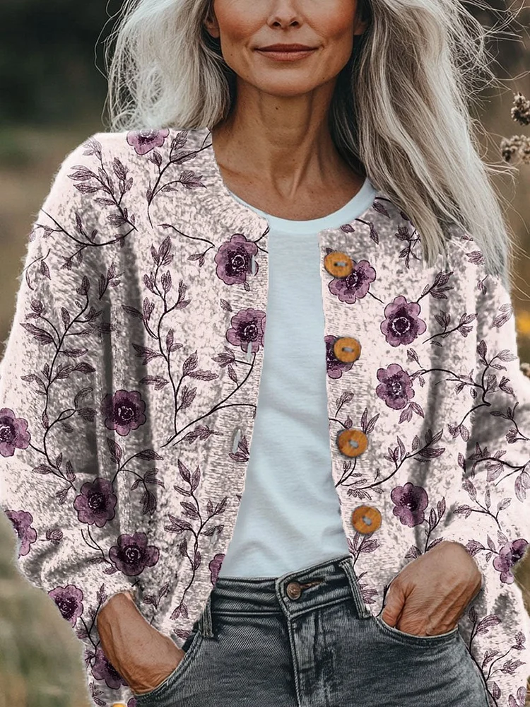 Women's Vintage Lovely Floral Art Print Buttoned Cardigan Sweater