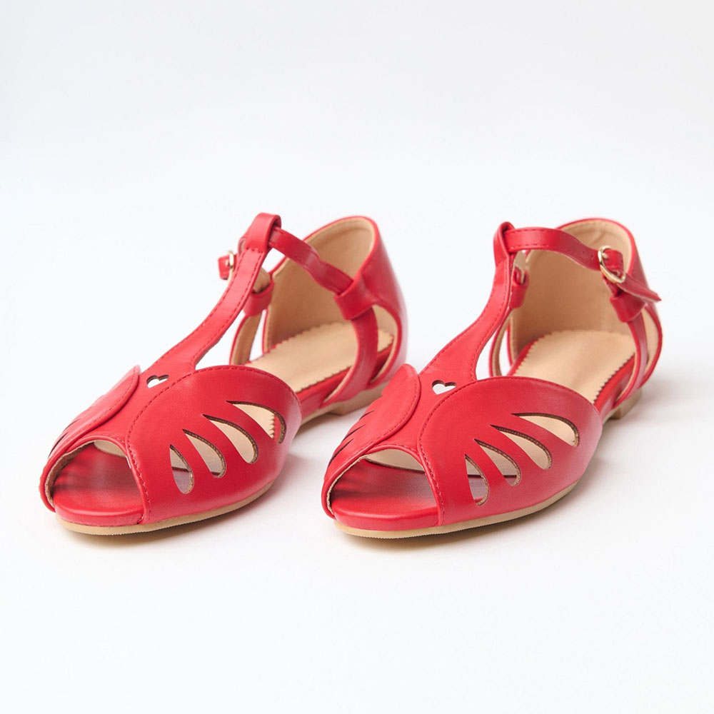 Faux Leather Peep Toe Buckle Hollow-Out Red Flat Sandals for Women Nicepairs