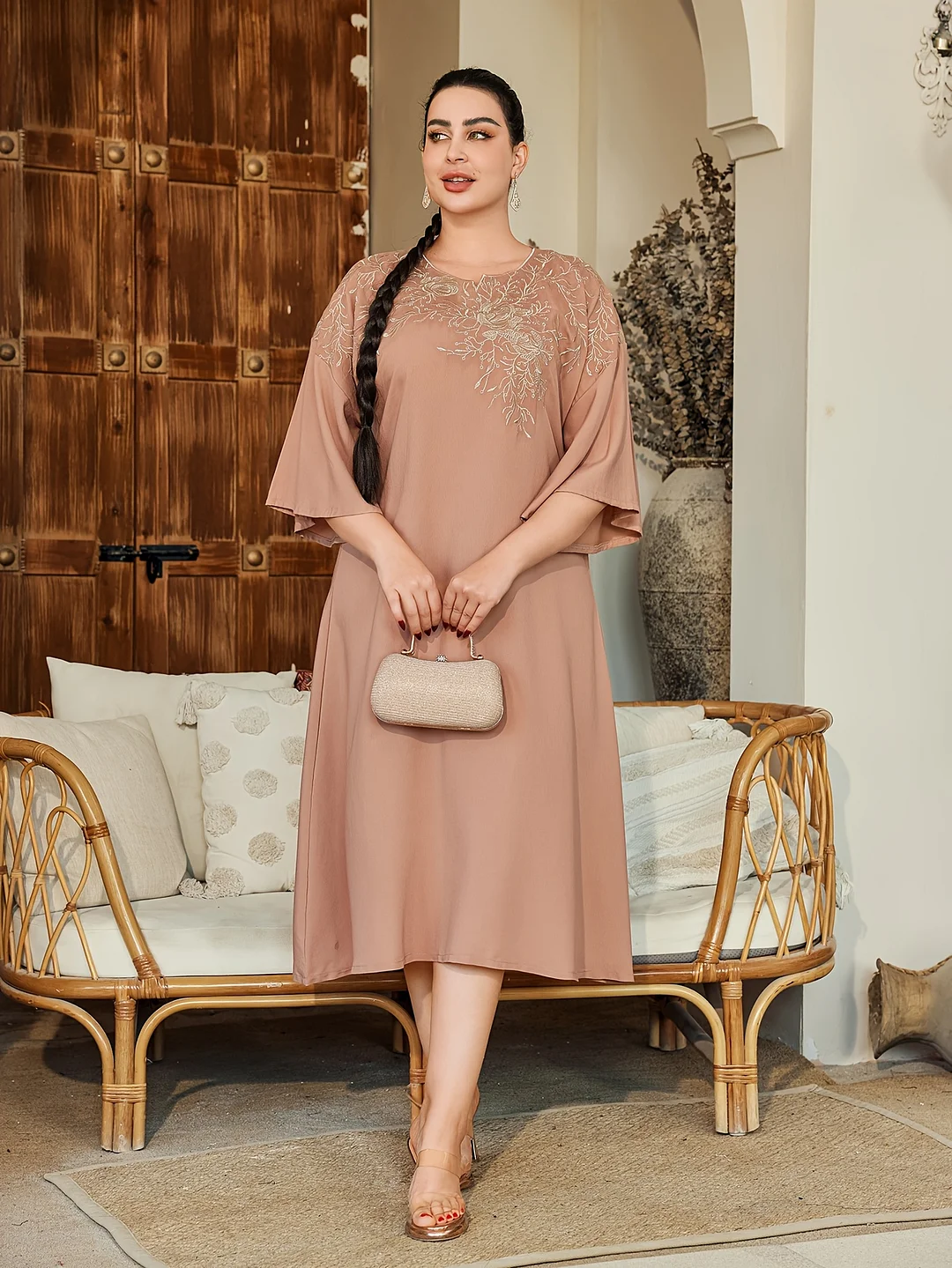 Directional Heavy-Duty Golden Elegant Women's Dress Jalabia With V-Neck And Rose Design For Spring/Summer 2025. Ramadan, Eid Al Adha | IFYHOME