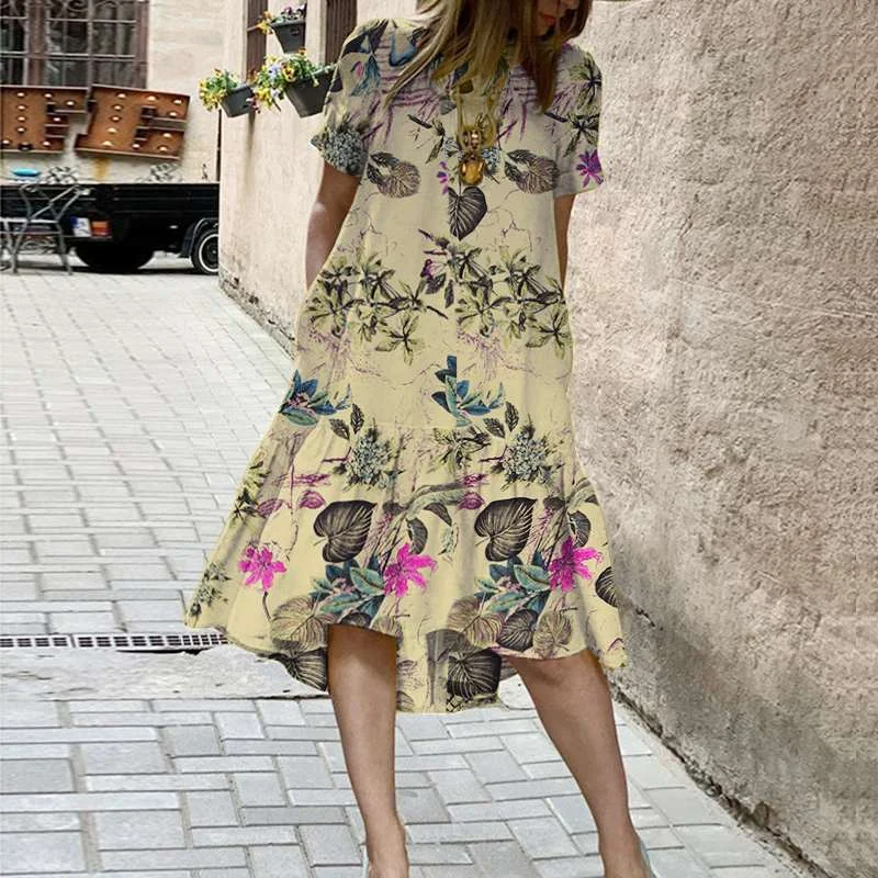 ZANZEA Retro Floral Print Robe Female Short Sleeves Midi Dress Casual Cotton Loose Dresses Womens Fashion Summer Ruffle Vestidos