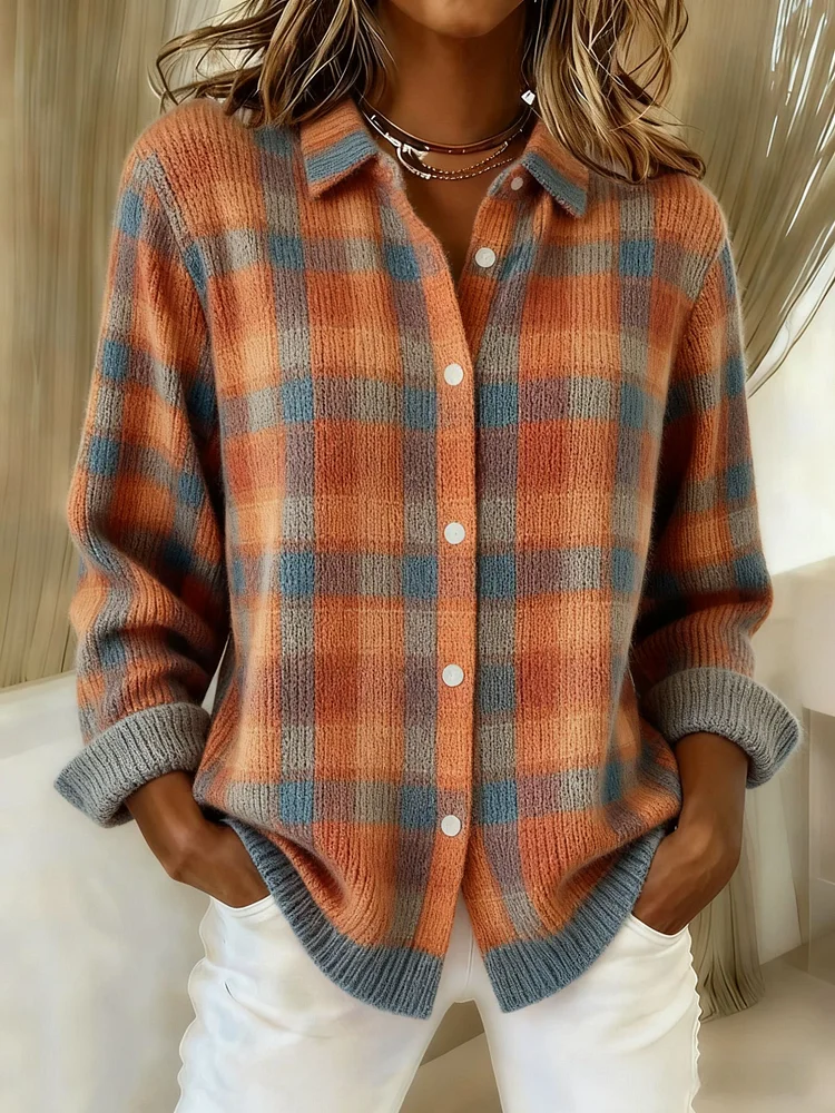Women's Plaid Print Casual Cotton Buttoned Cardigan Sweater
