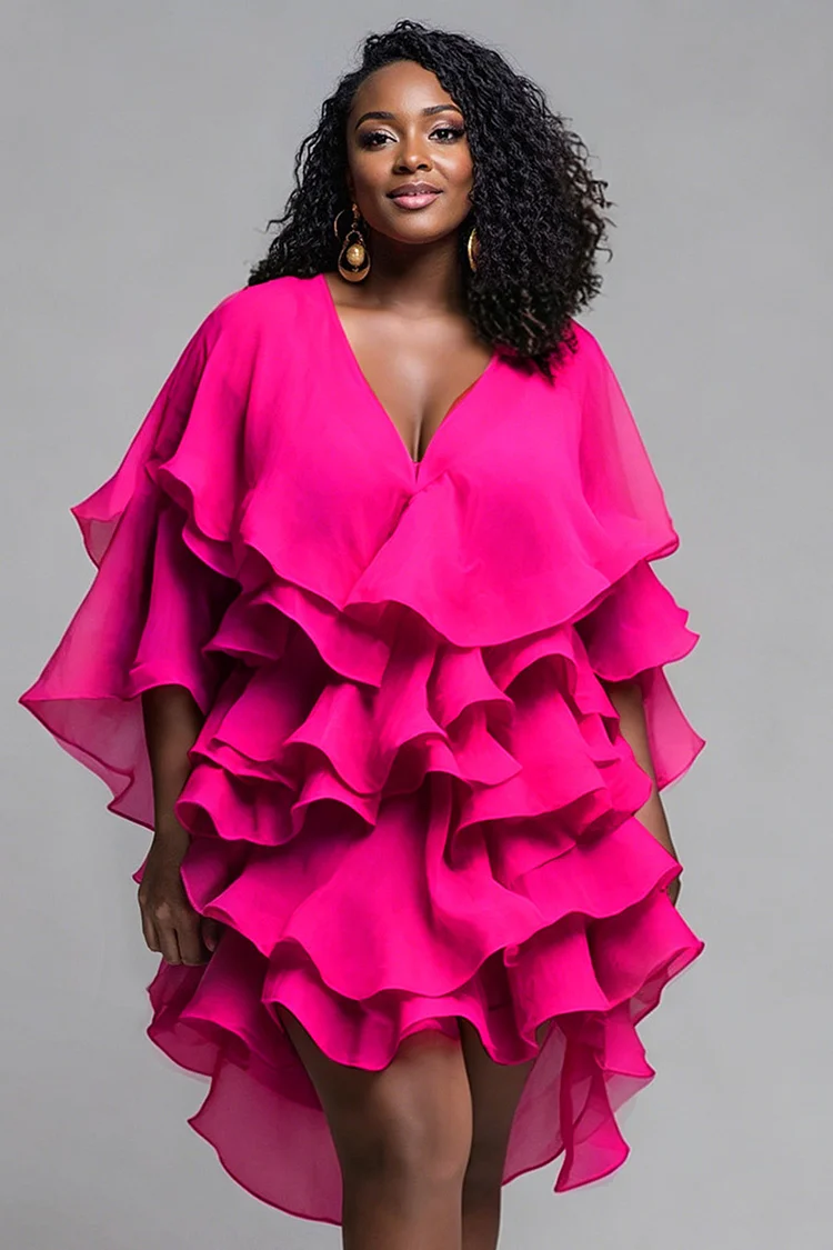 Xpluswear Design Plus Size Party Hot Pink V Neck Half Sleeve Ruffle Tiered Mini Dresses [Pre-Order] 2024 - Xpluswear