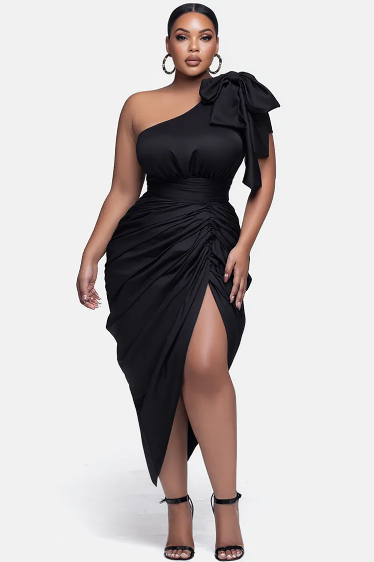 Xpluswear Design Plus Size Party Black One Shoulder Fold Bow Tie Satin Mini Dresses [Pre-Order] 2024 - Xpluswear