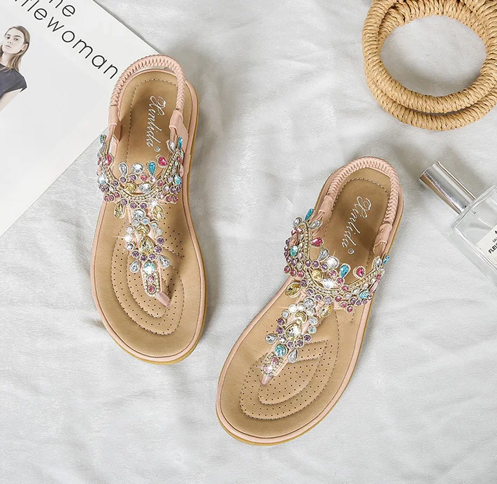 Ethnic Style Flat Rhinestone Sandals