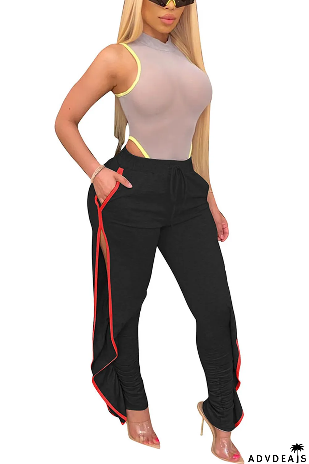 Grey Black Grey Blue Green Yellow Cotton Drawstring Sleeveless Mid Patchwork Solid Split Draped Straight Pants Bottoms