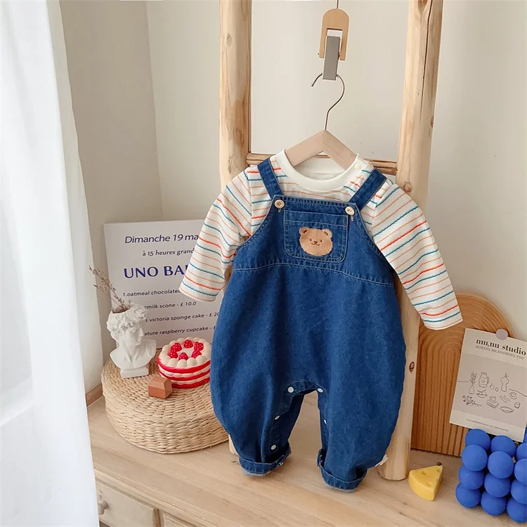2pcs Baby Boy/Girl Stripe and Bear Embroidery Crewneck Long Sleeve Set