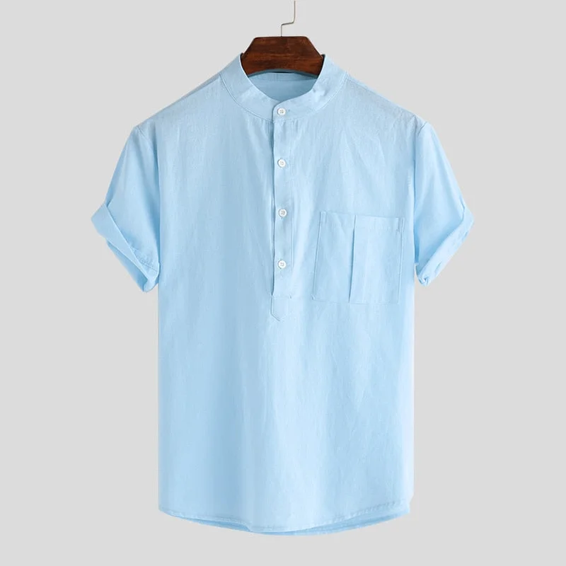 Casual Men Shirts Stand Collar Solid Loose Cotton Blouse Short Sleeve Brand Shirts Retro Harajuku Camisas Hombre Summer INCERUN