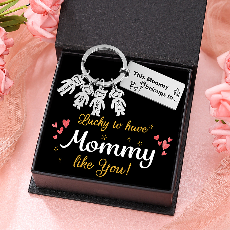 4 Names - Personalized Keychain with Kid Charm "This mommy belongs to" Mother's Day Gifts For Her