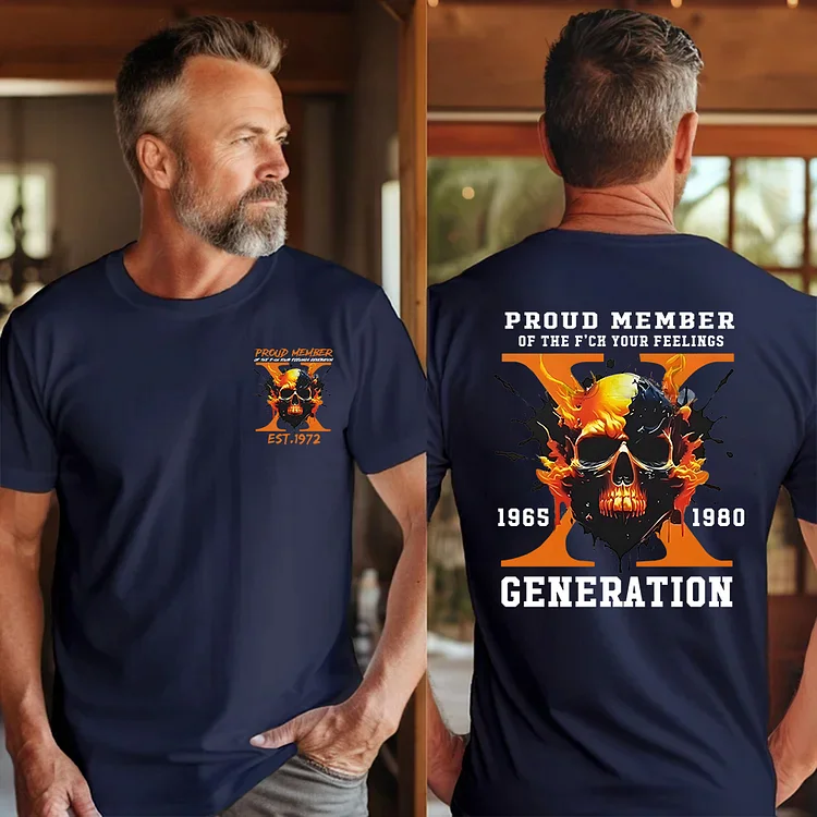 Double-Sided Gen X Sweatshirt, Custom Est Year Gen X Flaming Skull Proud Member Fck Your Feelings Generation Sweater, Custom Year Of Birth Shirt