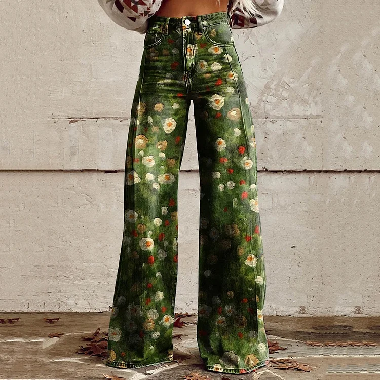 VChics Women's Green Flower Print Casual Wide Leg Jeans