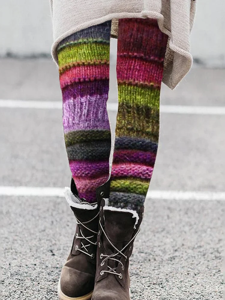 VChics Forest Inspired Colorful Patchwork Knit Cozy Leggings
