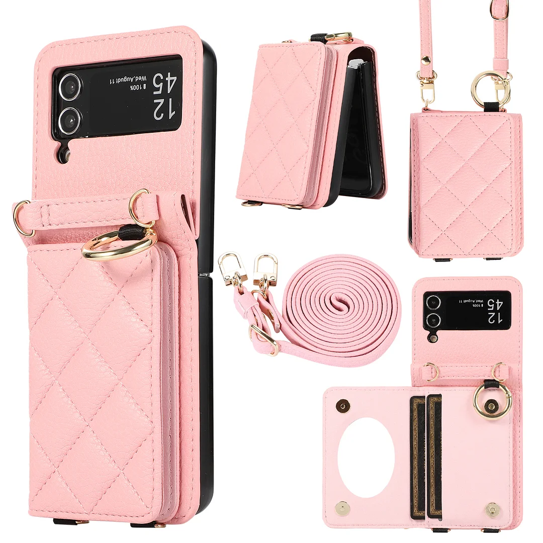 Small Sweet Wind Crossbody Leather Phone Case With 2 Cards Slot,Finger Ring,Mirror,Detachable Lanyard And Hinge For Galaxy Z Flip3/Z Flip4/Z Flip5