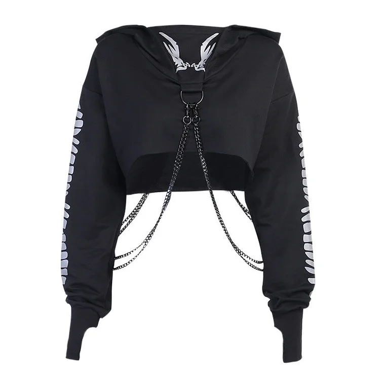 Fishbone and Totem Print Reflective Chains Cropped Hoodie