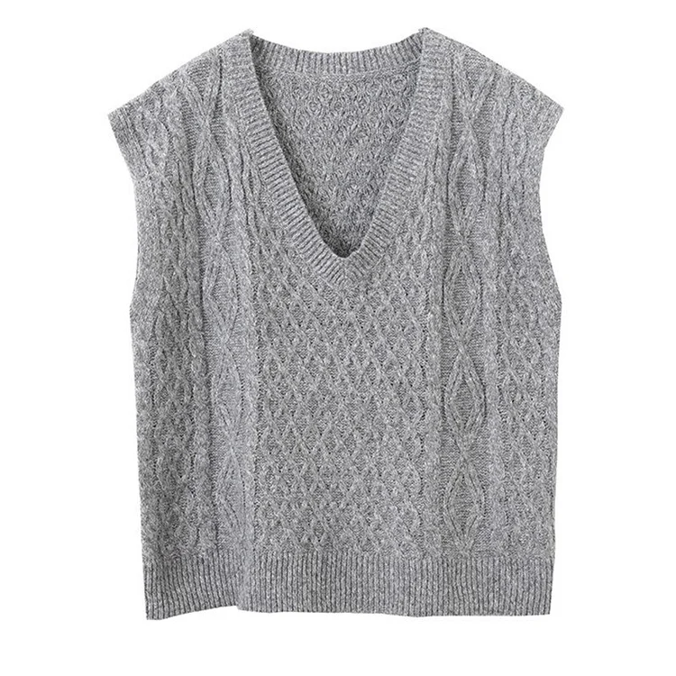 French Loose Solid Color V-collar Twisted Knitted Vest