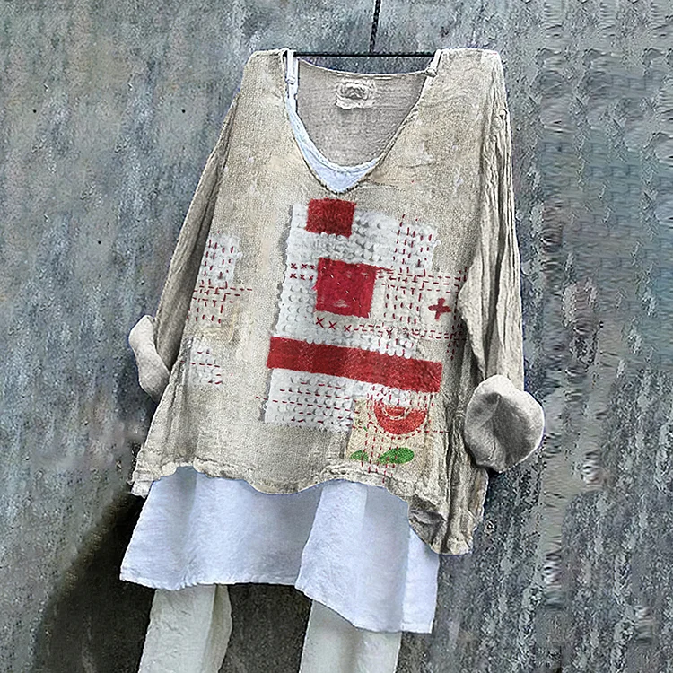 Vintage Patchwork Faith Art Linen Blend Blouse