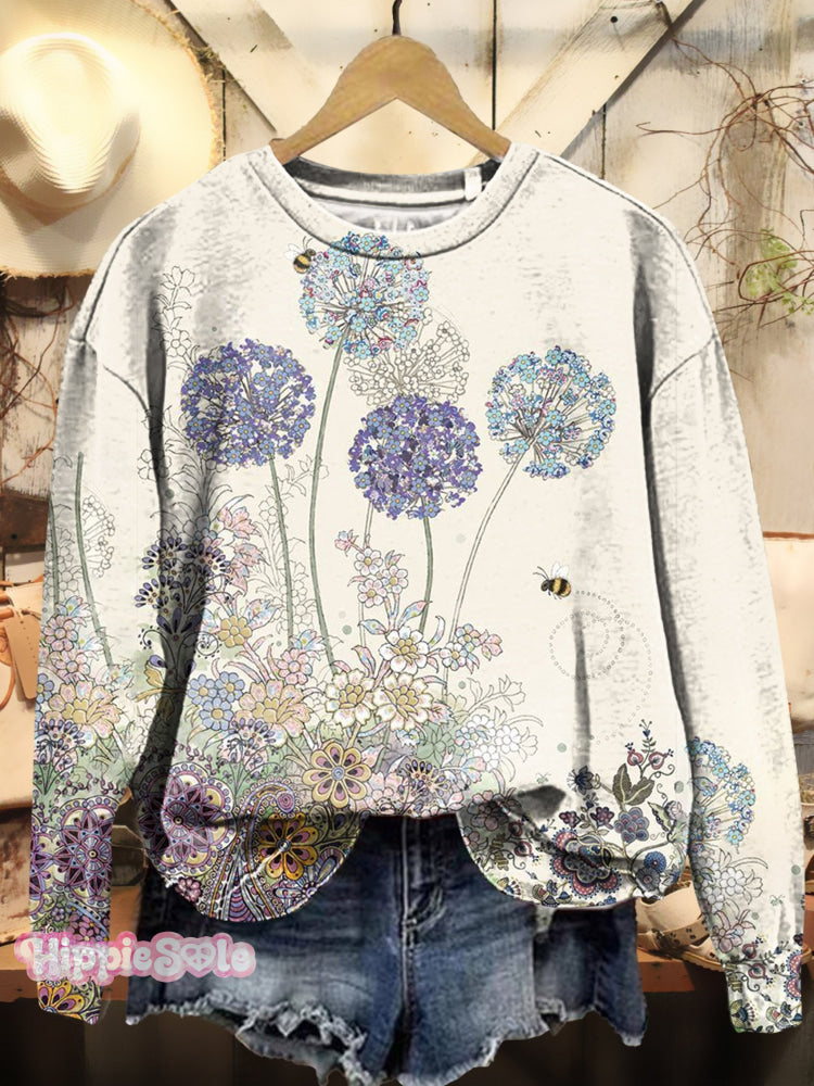 Dandelion Flowers And Bees Art Print Sweatshirt Multicolor / S