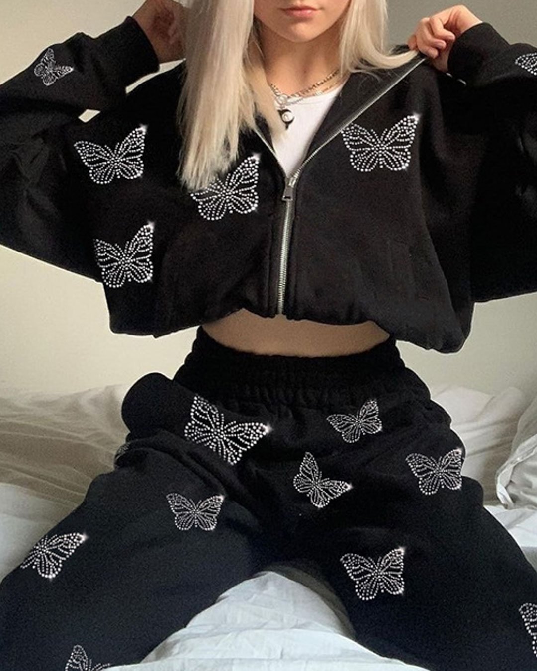 Fashionv-Butterfly Print Zip Up Crop Hoodie