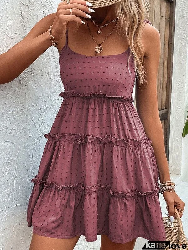 A-Line High Waisted Backless Jacquard Solid Color Split-Joint Tied U-Neck Mini Dresses Slip Dress