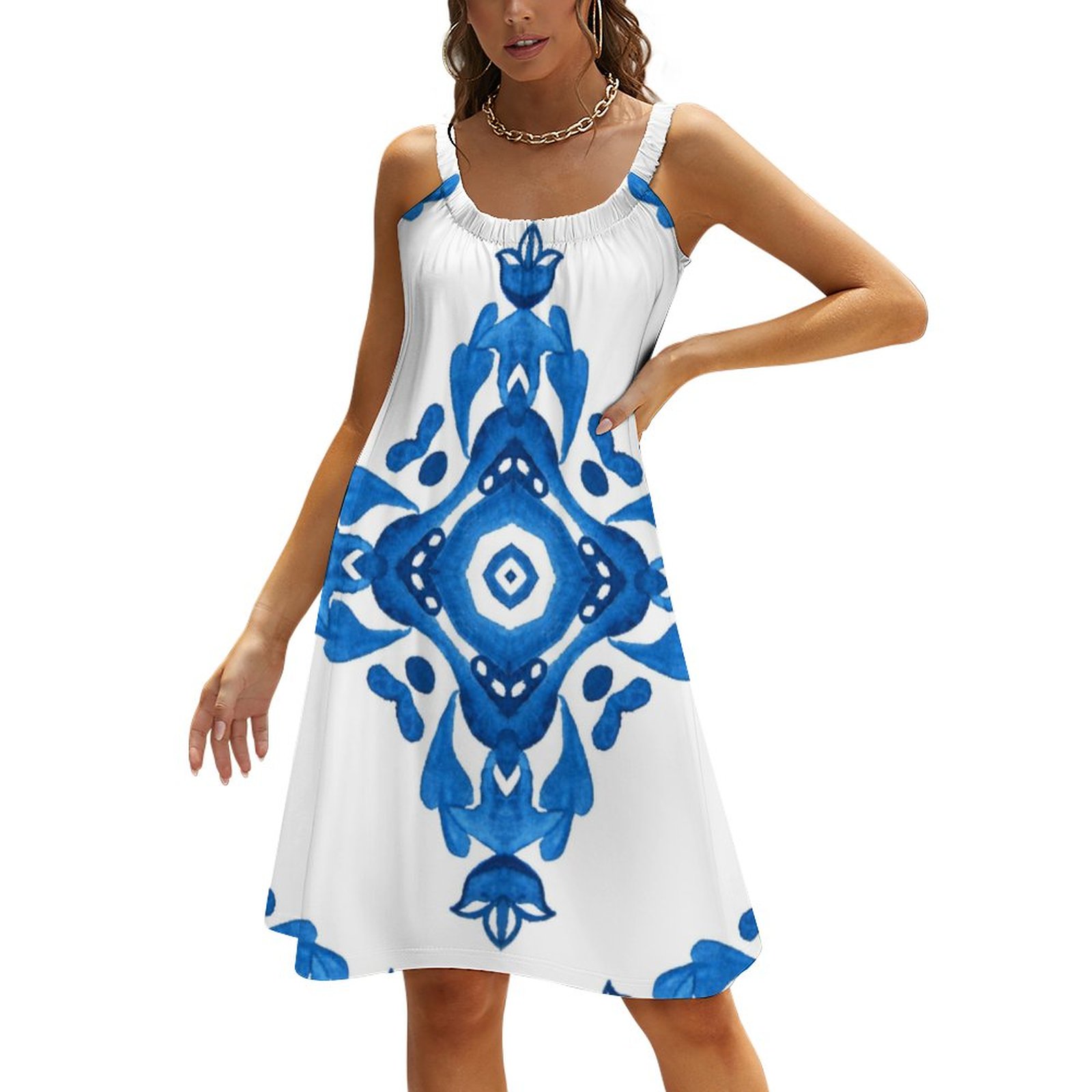 greek blue and white pattern dress Corfu Greek Blue Dress, Blue Print / XS