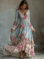 Boho Cottagecore Pink Roses Lace Layered Linen Maxi Dress