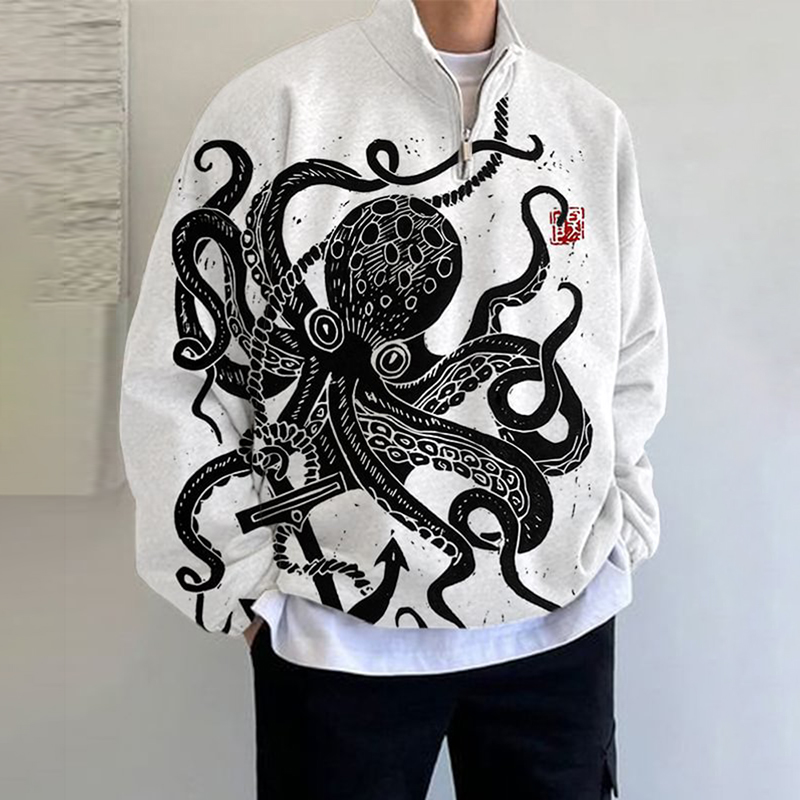 menweary Black Octopus Japanese Lino Art Print Splice Zip Stand Collar Sweatshirt