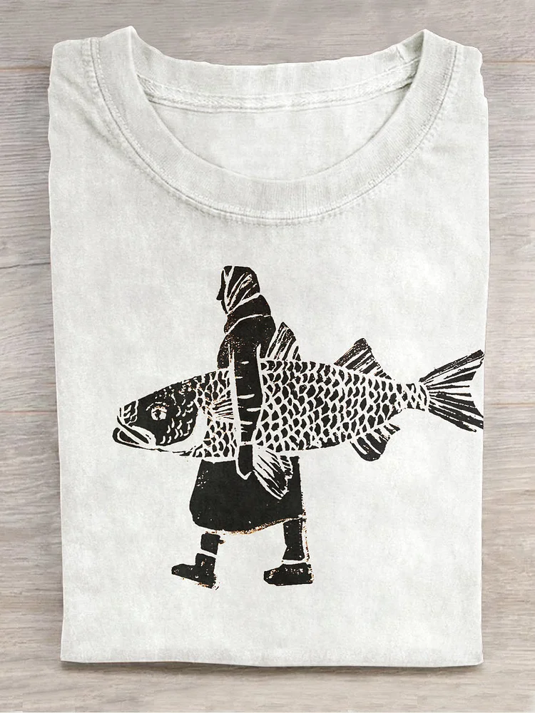 Teecade Teecade  Unisex You Holding a Fish Art Print Round Neck T-Shirt