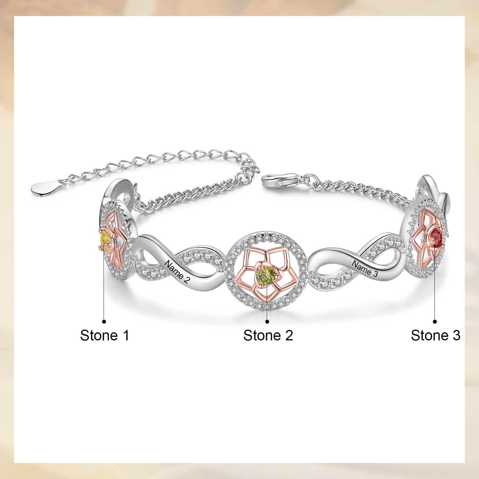 Personalised Women's Bracelet Custom 3 Birthstones & 3 Names Infinity Bracelet Birthday Gift for Her-Jessemade AU