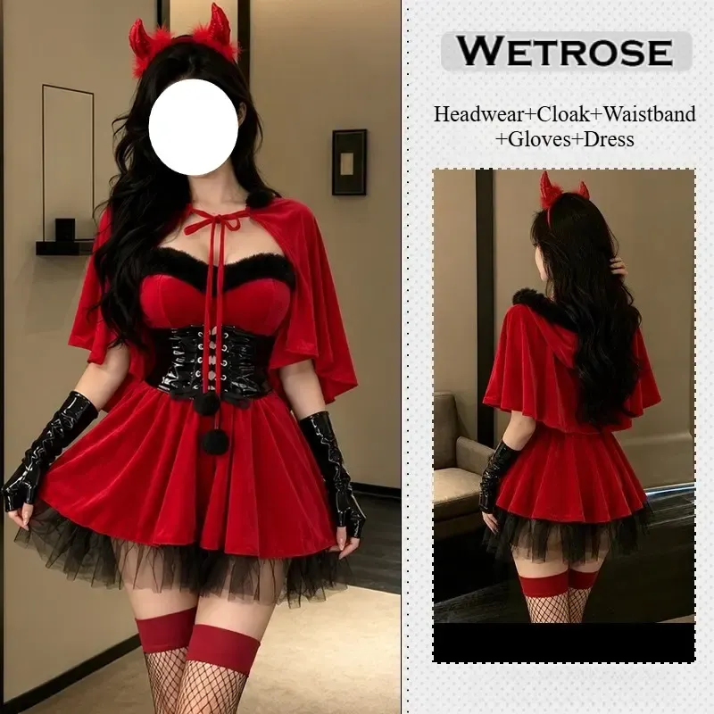 [Wetrose] In Stock Red Devil Velvet Dress With Cape Horn Headband Gloves Party Outfit Cosplay Costume Halloween Xmas