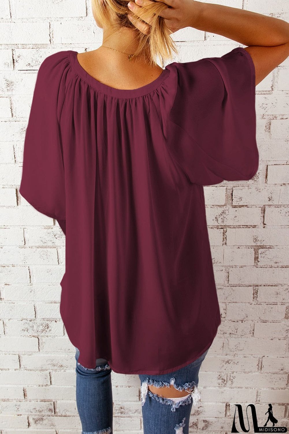 MidiSono - Split Neck Pleated Loose Top