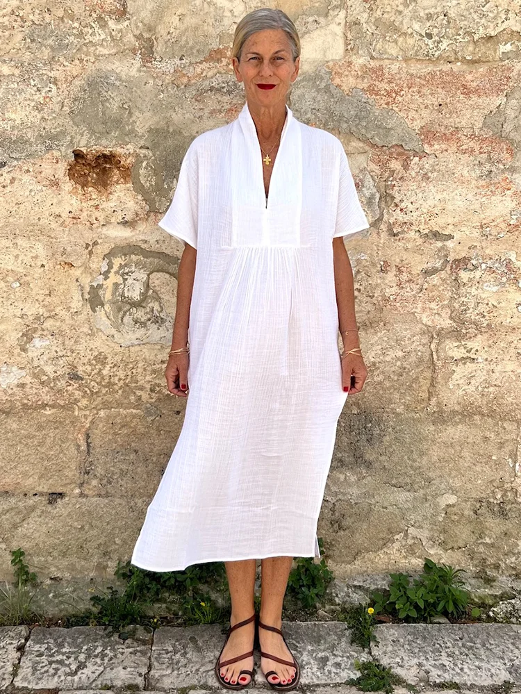 Soft White V-neck Midi Beach Tunic Dress VangoghDress