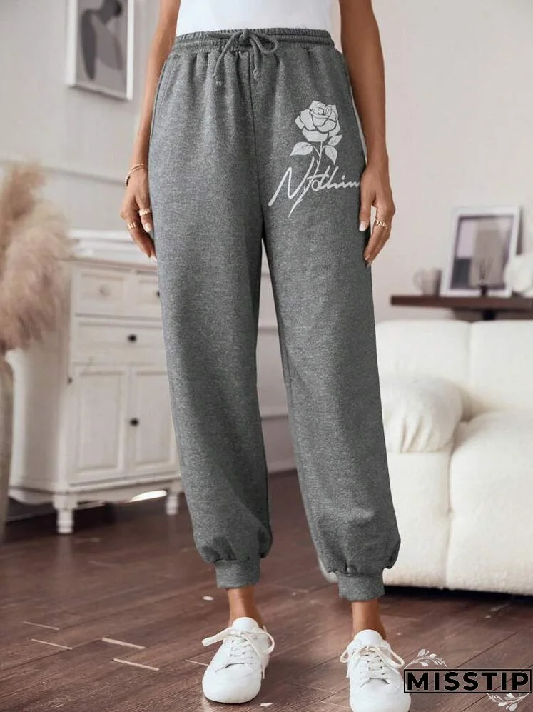 Floral & Letter Graphic Drawstring Waist Sweatpants