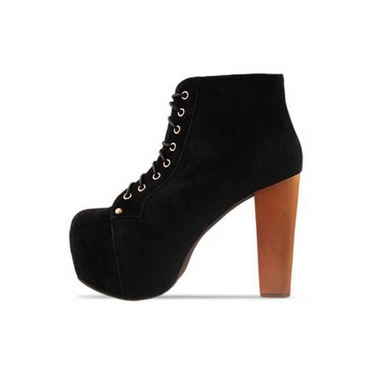 Black Vegan Suede Platform Booties Lace Up Chunky Heel Ankle Boots |FSJ Shoes