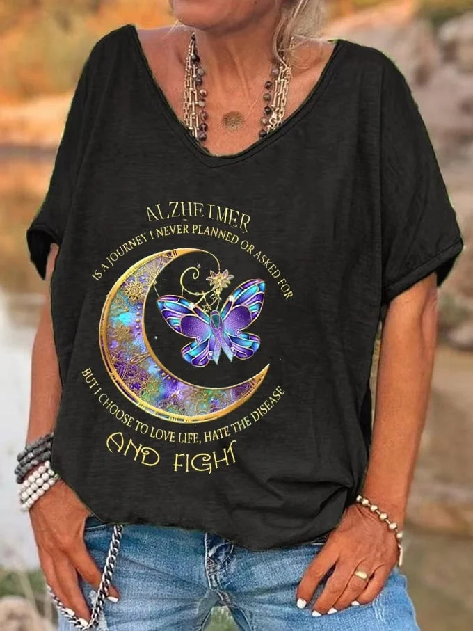 Women's Fight Alzheimer's Disease Awareness Butterfly Print V-Neck T-Shirt socialshop
