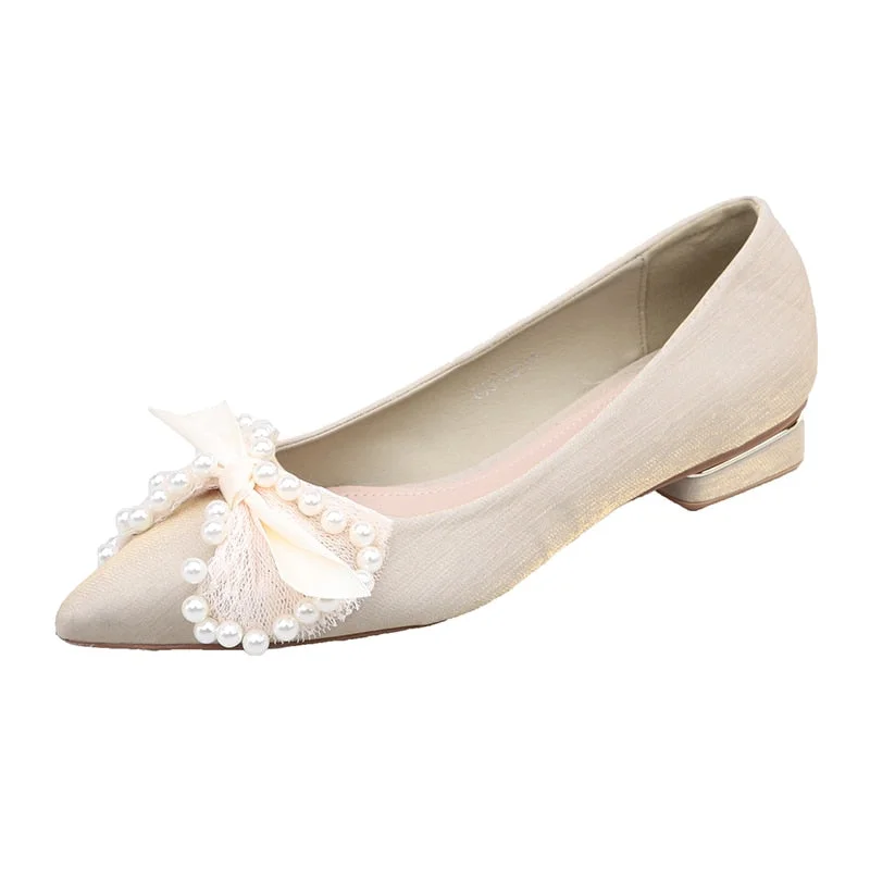 2022 Spring New Women Pearl Wedding Shoes Low Heels Lace Bow-Knot Pumps Woman Comfortable Pointed Toe Single Shoes Ladies