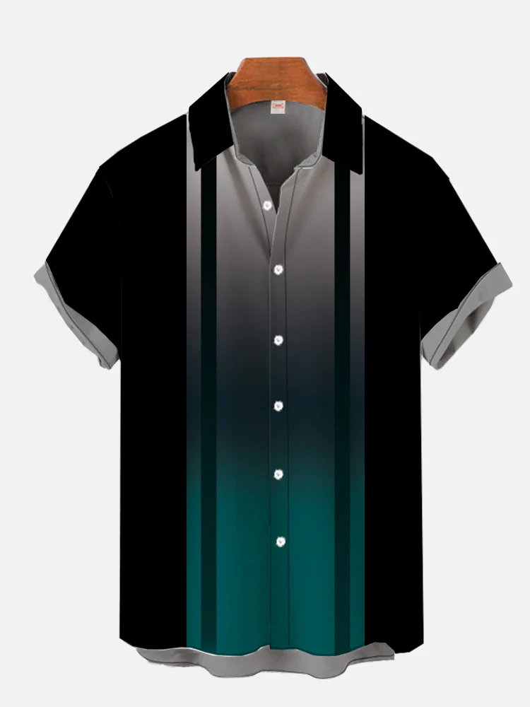 Casual Gradient Creative Black And Gray Colorblock Printing Bowling Short Sleeve Shirt