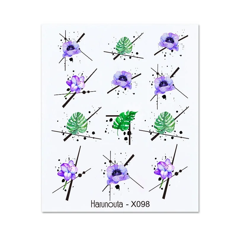 Harunouta Water Decals Ink Blooming Flower Leaves Transfer Nail Stickers Butterfly Love Heart Design Slider Watermark Decoration-Nail Inspo