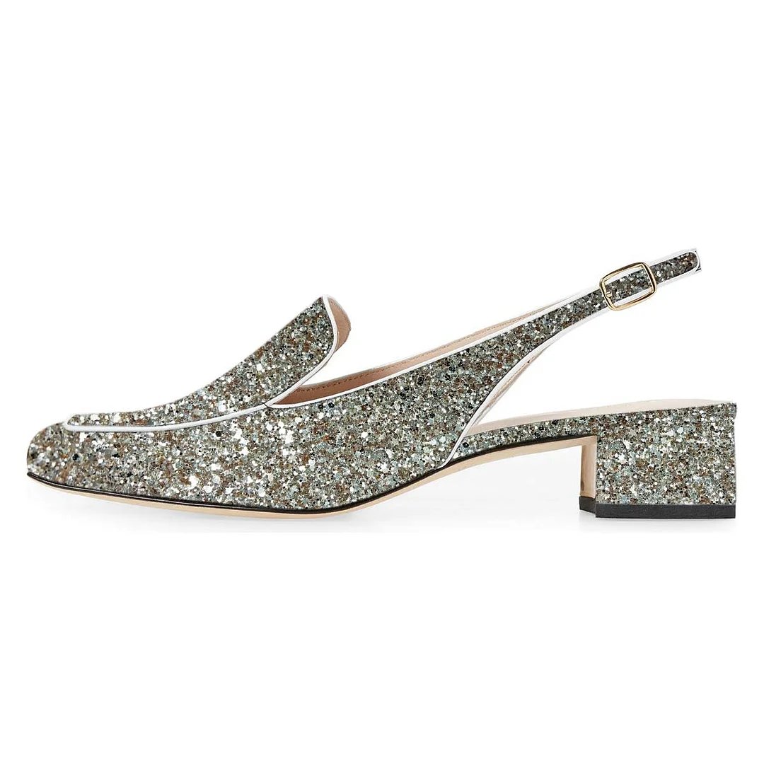 Silver Glitter Square Toe Slingback Chunky Heeled Loafers Women