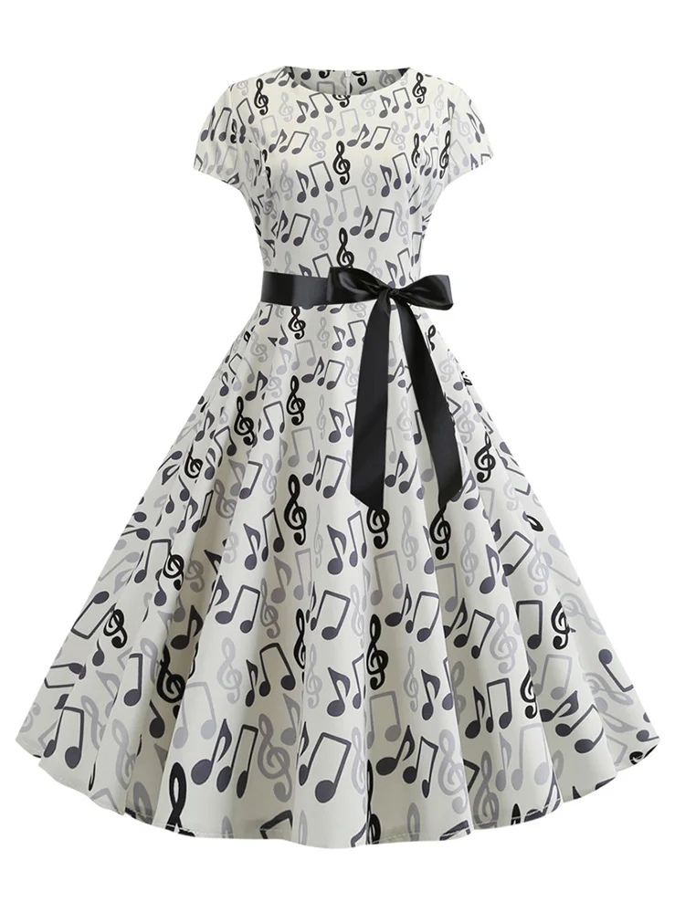 Elegant Music Notes Pleateed Wide Skirt Midi Dress