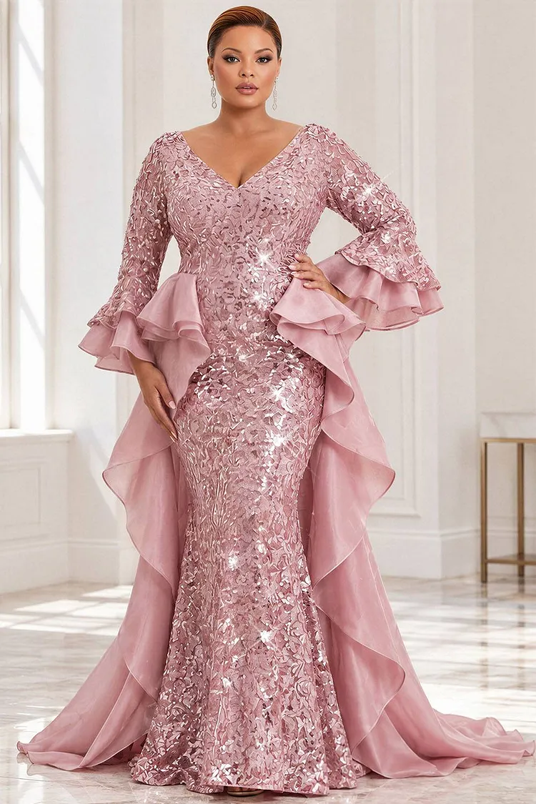 Xpluswear Design Plus Size Formal Tulle Pink V Neck Flare Long Sleeve With&nbsp;Skirt&nbsp;Overlay&nbsp;Ruffle Sequin Maxi Dresses [Pre-Order] 2024 - Xpluswear