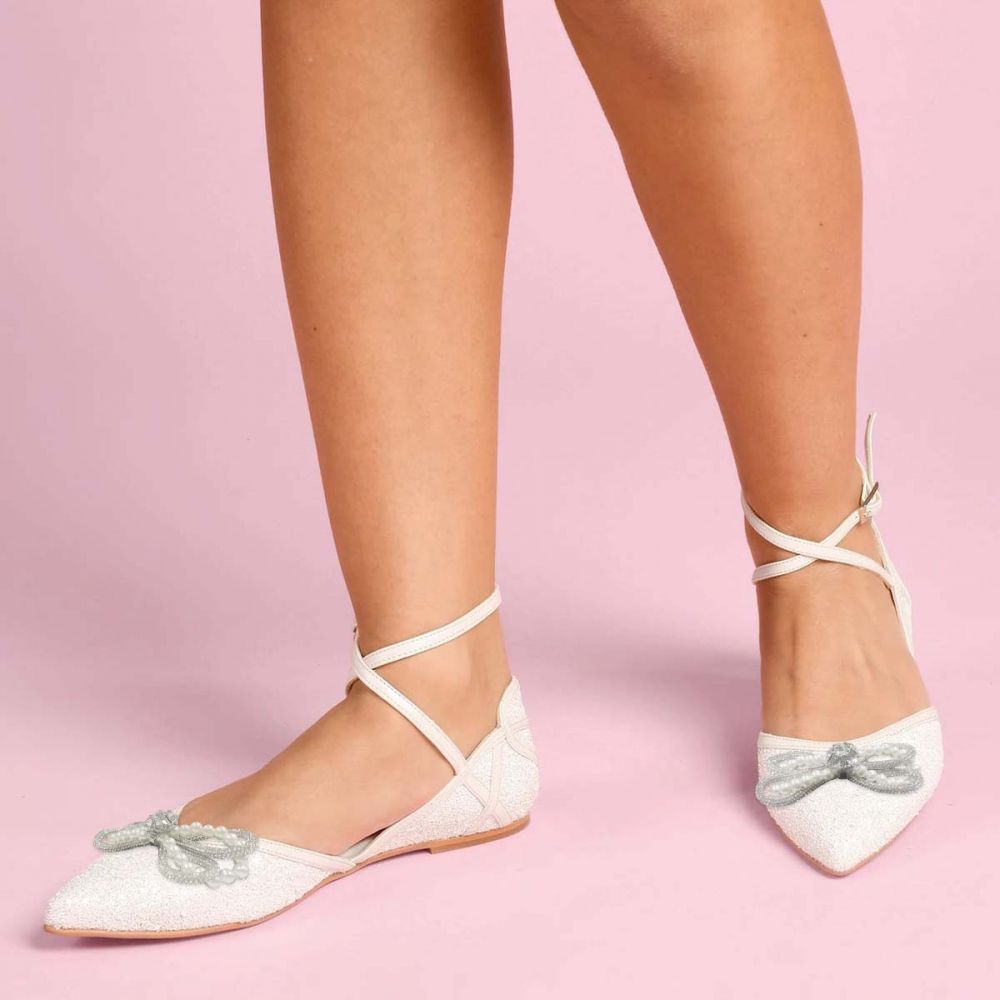 Elegant White Glitter Pointed Toe Ankle Strap Flats with Bow Decor Nicepairs