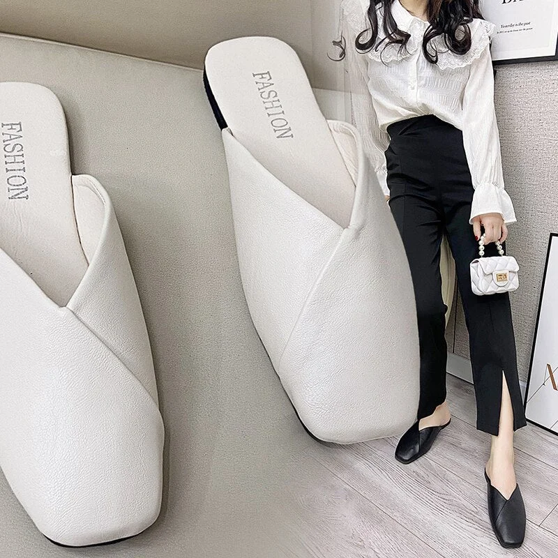 Women Mules 2021 Summer Elegant Square Closed Toe Flat Slippers Female Shoes Casual Leather Black White Slides Plus Size 35-43